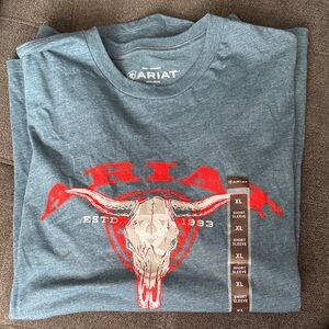 Ariat Heather Gray/Blue Short Sleeve Tee with Red Longhorn Graphic
